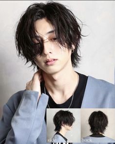 Anime Inspired Haircuts Men, Short Wolfcut Masculine, Kpop Male Hairstyles Short, Wolf Cut Mens Short, Wolfcut Men Short, Korean Wolf Cut Men, Textured Wolfcut, Men Mid Length Hair, Lairs Haircut