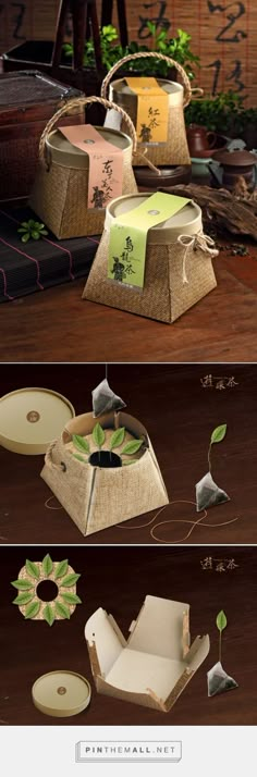 three different pictures showing various items made out of cardboard and paper with leaves on them