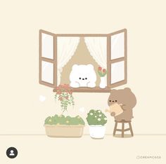 a bear sitting on a window sill next to a potted plant in front of a window