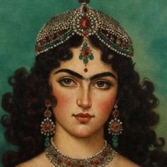 an old painting of a woman wearing a tiara and necklace with jewels on her head