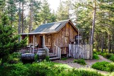 a small wooden cabin in the woods surrounded by tall grass and trees, with two barrels on the ground