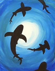 an acrylic painting of sharks swimming in the ocean