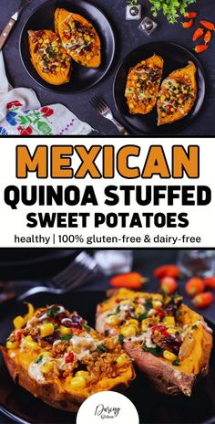 mexican quinoa stuffed sweet potatoes on a black plate with the title overlay