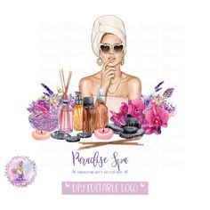 a watercolor painting of a woman with her hand on her face, surrounded by beauty products