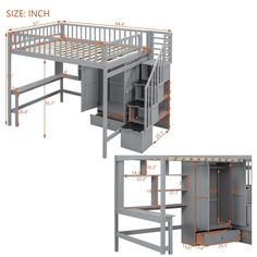 an image of a loft bed with stairs and storage compartment for the top bunk beds