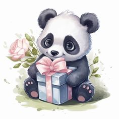 a panda bear sitting on the ground with a present