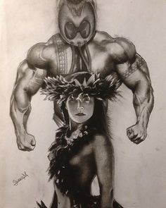 a pencil drawing of a woman and a man with masks on their heads, both wearing feathers