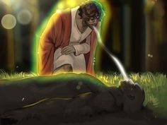 a man with green hair and an orange robe is spraying water on his face while standing next to a dead animal