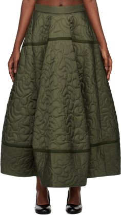 Padded and quilted nylon satin skirt. · Partially elasticized waistband · Two-pocket styling · Flared hem · Concealed zip closure at side seam · Full cotton poplin lining Supplier color: Contour quilt olive Quilted Maxi Skirt, Skirt With Yoke Pattern, Fit And Flare Skirt Pattern, Blanket Clothes, Flared Skirt Pattern, Blanket Skirt, Flared Midi Skirt, Satin Slip Skirt, Poplin Skirt