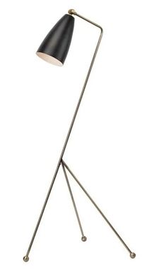 a floor lamp with a black shade on the top and one light on the bottom