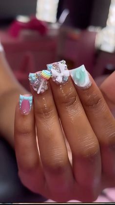 Teal Short Square Nails, Stellitoes Nails Short, Baby Blue Duck Nails, Short Duck Nails With Charms, Cute Duck Nails With Charms, Shirt Duck Nails, Nail Ideas Duck Nails, Short Duck Junk Nails, Short Duck Nails Design Ideas