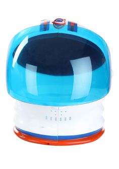 a blue and white alarm clock sitting on top of a table