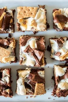 chocolate and marshmallow squares are arranged on a white platter, ready to be eaten