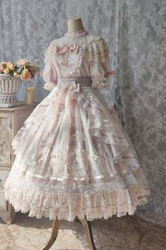 Sunset Scene High Waist / Nature Waist Version Embroidery Hime Long Sleeves Lolita OP Diamonds Dress, Kawaii Academia, Gaun Abad Pertengahan, Lolita Outfits, Pink Diamonds, Dress Gloves, Mori Girl