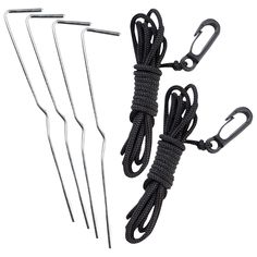 four pairs of black rope with hooks on each side and one pair of scissors in the middle