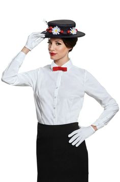 a woman in a white shirt and black skirt is wearing a hat with daisies on it