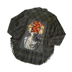 a plaid jacket with an image of a woman's head and flowers on it