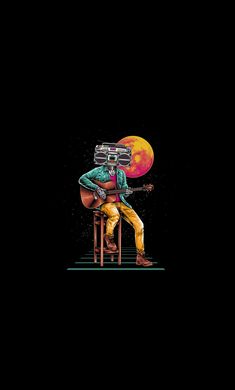 a man sitting on top of a chair with a guitar in his hand and the moon behind him