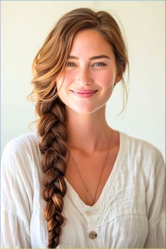 A thick, side-swept braid presents an effortlessly chic allure. The contrast of the loose waves at the top with the structured braid creates a relaxed yet polished profile. Click here to see more stunning long hairstyles. Loosely Braided Hair, Side Braid Reference, Thick Side Braid, Long Face Wedding Hairstyles, Thick Loose Braid, Pretty Hairstyles For Long Thick Hair, Over Shoulder Braid, Side Swept Braided Hairstyles, Side Braid Long Hair