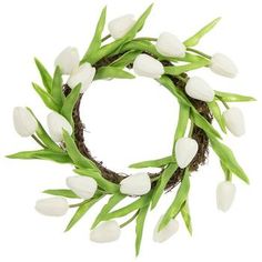 a wreath with white tulips and green leaves on a white background for decoration