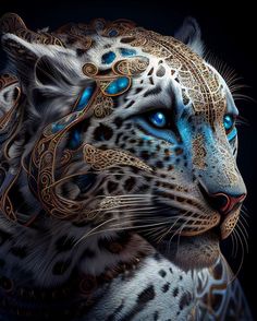 a white tiger with blue eyes and ornate designs on it's face, in front of a black background