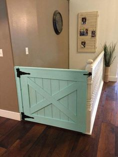 a room with a large blue barn door