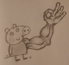 a pencil drawing of a pig and a hand holding something in it's air