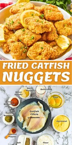 fried catfish nuggets with lemons on the side and other ingredients to make them