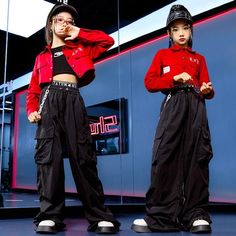 Girls red  street jazz dance costumes hip hop rapaper singers dance outfits for kids children motor cycle styles model show performance costumes Red Street, Motor Cycle, Girls Red