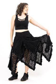 This crochet asymmetrical layered skirt with side ties can scrunch up on either side (or both!) to personalize your look and bring some of that extra fae flair. Elastic in back of waistband for a comfier fit. ***Cold Water Wash, Hang Dry*** Size Chart: Waist Hip Length M 29"-32" 40" 36" L 31"-32.5" 42" 36" XL 32.5"-38" 48" 40" XXL Fairycore Skirts, Cowgirl Skirt, Petal Skirt, Layered Skirt, Green Skirt, Comfy Fits, Hip Length, Gothic Fashion, Dream Wardrobe