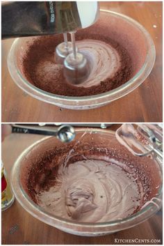 two pictures of mixing chocolate in a bowl