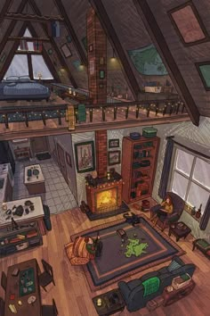 an artist's rendering of a living room and kitchen in a loft style home