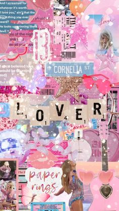 the collage is made up of pink and white paper, with words that spell out love