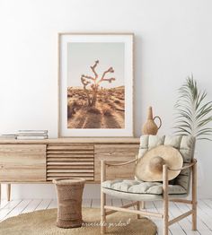 a living room with white walls and wooden furniture