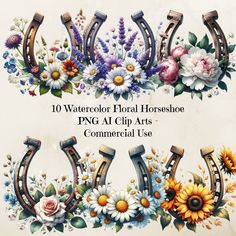 Add a touch of whimsy and elegance to your projects with these delightful Watercolor Floral Horseshoe Cliparts! Perfect for invitations, cards, scrapbooking, and more, each clipart features a beautifully hand-painted horseshoe adorned with vibrant watercolor flowers. Whether you're crafting for weddings, parties, or simply adding a splash of floral charm to your designs, these cliparts are sure to inspire creativity. Instantly elevate your creations with these ten unique and enchanting designs. Horseshoe Image, Horseshoe Flowers, Western Clipart, Flowers Png, Vibrant Watercolor, Inspire Creativity, Cards Scrapbooking, Horse Shoe, Watercolor Floral