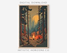 an image of a campfire in the woods with tents and trees around it, as well as text that reads digital download artistic horizon