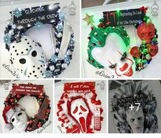 four different christmas wreaths with scary masks on them