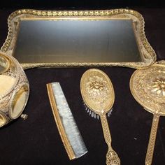 Vintage Five Piece Brass Vanity Set Including Mirror Tray, Glass Trinket Box, Brush, Comb, And Hand Mirror. Old Hollywood Vanity, Vintage Vanity Aesthetic, Vintage Brush Set, Wedding Get Ready, Vintage Vanity Tray, Vintage Hand Mirror, Victorian Vanity, Compact Mirror Vintage, Brass Vanity