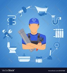 a plumber with tools in his hands and icons around him on a blue background