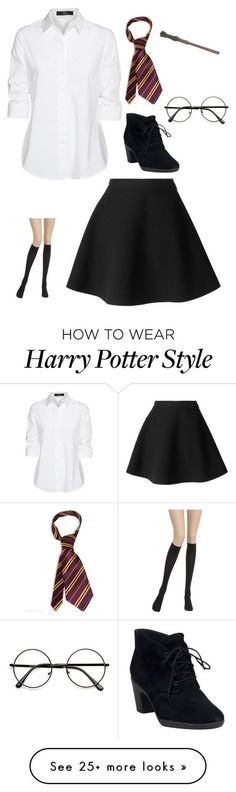 the harry potter costume is shown with glasses, tie and skirt on it's chest