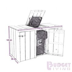 a drawing of an outdoor storage shed with its doors open and the door opened to show the inside