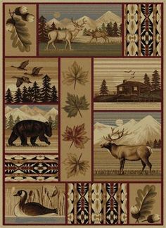 an area rug with animals and trees on it