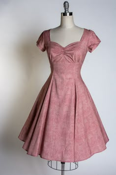 Sweetheart Neckline Fitted Sleeve Empire Waist Princess Seams Center Back Zip Ties at Back 100% Cotton Dress With Empire Waist, 50’s Theme Dress, Pink Empire Waist Dress, Pink Date Dress, Heart Cut Out Dress, Princess Outfits Casual, Formal Outfits For Women Dress, Sleeve Ideas For Dresses, 1940s Fashion Women Dress