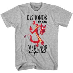 PRICES MAY VARY. Officially licensed Disney Mulan T-shirt Standard Adult Mens Size Standard Adult Men's sizes and Fit that can be worn by women who prefer a looser boyfriend fit. Dishonor on You! Dishonor on your cow! Dishonor! Dishonor on your whole family! Fearful that her ailing father will be drafted into the Chinese military, Mulan takes his spot -- though, as a girl living under a patriarchal regime, she is technically unqualified to serve. She cleverly impersonates a man and goes off to t Dishonor On Your Cow, Disney Gear, Mulan Mushu, Chinese Military, Disney Mulan, Dishonored, T Shirt Image, Disney Shirt, Disney Family