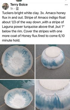 the instructions for how to make a pottery bowl with white and blue swirls on it