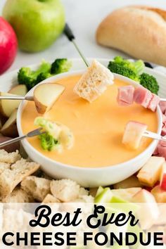 the best ever cheese fondue recipe is made with apples, broccoli and ham