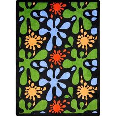 an area rug with colorful flowers and leaves on black background, in the shape of a square