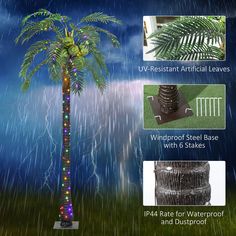 the palm tree is decorated with multi - colored lights and waterproofing material for outdoor use