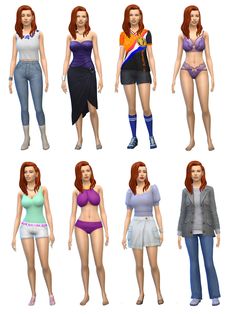 six different poses of the same woman in various outfits and clothes, all wearing bras