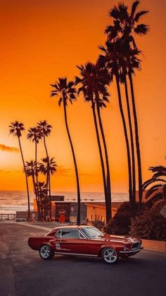 a red car parked on the side of a road next to palm trees at sunset